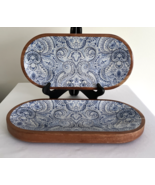 Set of 2 Vtg Wood Bowls Serving/Snack Trays Paisley Blue &amp; White 12&quot; India - $468.59 MXN