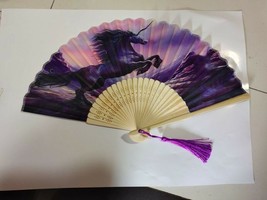 Unicorn Purple Mountains Sky Magical Silk Nylon Handheld Fan Folding Han... - £15.31 GBP