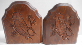 Owl Pair Bookends Holders Wood Wooden Carved Metal Stands 7 1/8&quot; x 6 3/8&quot; MCM - £23.56 GBP