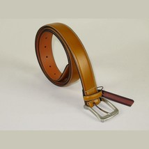 Men VALENTINI Stitched Leather Belt Classic Pin Buckle Business Dress V711 Tan image 1