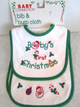 Baby First CHRISTMAS BIB &amp; BURP CLOTH SET green trim Terrycloth New - £6.29 GBP