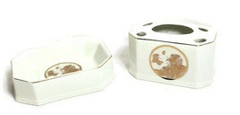 Art of Chokin Bathroom Set 24k Gold Edged Soap Dish &amp; Toothbrush Holder ... - $656.79 MXN