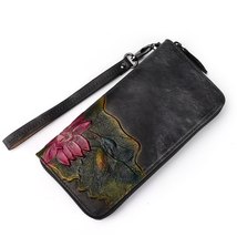 Genuine Leather Long Purse Money Handy Bag Cards Holder Bird Flower Vintage Fema - £37.77 GBP