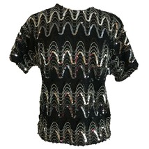 Adamo Womens Shirt Size Small Black Silver Sequin Short Sleeve Formal Top - $14.85
