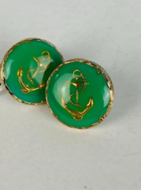 Nautical Anchor Theme Pierced Earrings Green Enamel Gold Tone Half Inch Diameter - £6.69 GBP