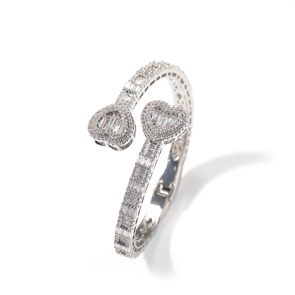 6 mm Baguette CZ Heart Cuff Bangle Micro Paved Bling Cubic Zirconia Luxury Wrist - $41.36