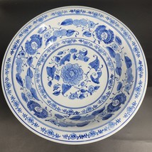 Antique Blue And White Oriental Porcelain Large Bowl Flower Pattern Unmarked - £77.50 GBP