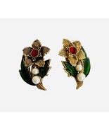 Vintage Avon Flower Gold Earrings Red Cubic Zirconia faux Pearls Enamel ... - £14.71 GBP