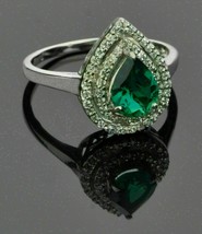 1.50 Ct Pear Cut Green Emerald Double Halo Engagement Ring 14k White Gold Over - £91.77 GBP