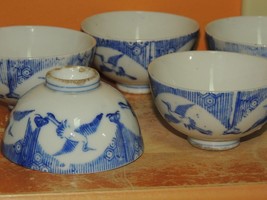 6 Cups 1.75&quot;x3 Blue &amp; White Flying Crane Chinese / Japanese 19th Antique... - $53.66 CAD
