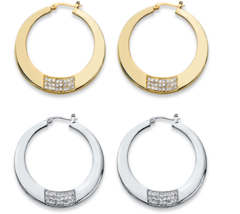 ROUND CRYSTAL SQUARE CLUSTER 2 PAIR HOOP EARRINGS SET GOLD AND SILVER TONE - £71.10 GBP