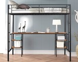 Twin Size Loft Bed With Desk And Storage Shelves, Metal Bedframe With 2 ... - $454.99