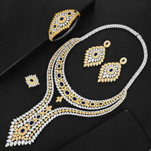 Bollywood Gold Plated CZ Choker Necklace Earrings Bracelet Ring Blue Jewelry Set - £213.78 GBP