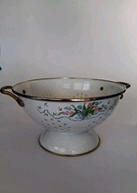 Enameled Colander/Strainer With Brass Handles Beautiful Floral Pattern - $271.23 MXN