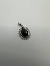 Vintage Sterling Silver Onyx Filigree Necklace Pendant 2.3cm NB2 - $42.77