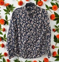J Crew Flex Washed Shirt SIZE Medium Classic Navy &amp; Orange Floral Long S... - $22.72