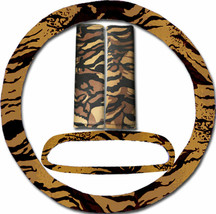 Steering wheel cover, seat belt covers &amp; rear view mirror cover  Brown Tiger - £14.60 GBP
