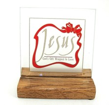 Christmas &quot;Jesus God&#39;s Gift Wrapped in Love&quot; Glass Plaque in Wooden Stand - £7.39 GBP