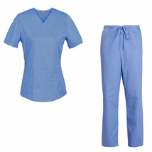 Women&#39;s Scrub Set Medical Mock Wrap Styling Top and Drawstring Cargo Pants - $38.98