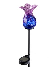Flower Solar Garden Stake Blue Purple Glass Metal Double Pronged 22.8" High