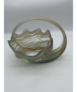 MCM Hand Blown Pulled Art Glass Cornucopia Basket Bowl Handle Blue Orang... - $129.99