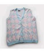 LORD &amp; TAYLOR Sweater Vest L Pink Blue Cotton Knit V-Neck Button Up 90s ... - €17,27 EUR