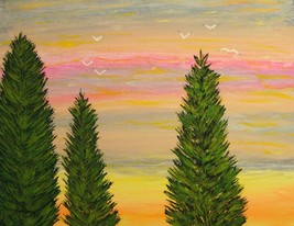 Painting Original Yellow Pink Orange Sunset Bob Ross Style Pine Trees Signed Art - £31.23 GBP