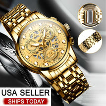 Gold Men&#39;s Watch Relojes De Hombre Waterproof Stainless Steel Luminous Classic - £22.38 GBP