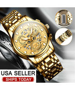Gold Men&#39;s Watch Relojes De Hombre Waterproof Stainless Steel Luminous C... - £22.01 GBP