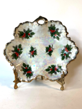 Ucago Christmas Candy Dish Mother of Pearl Green Gold Porcelain Holly Be... - $22.00