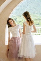 Rose Pink Gray White Tulle Midi Skirt High Waisted Tulle Bridesmaid Midi Skirt image 2