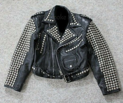 New Men&#39;s Full Black Silver Studded Punk Unique Cowhide Biker Leather Jacket-703 - £274.95 GBP