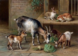 Framed Canvas Art Print Antique Painting Rabbits Goats Feeding Time Farm Animals - $39.59+