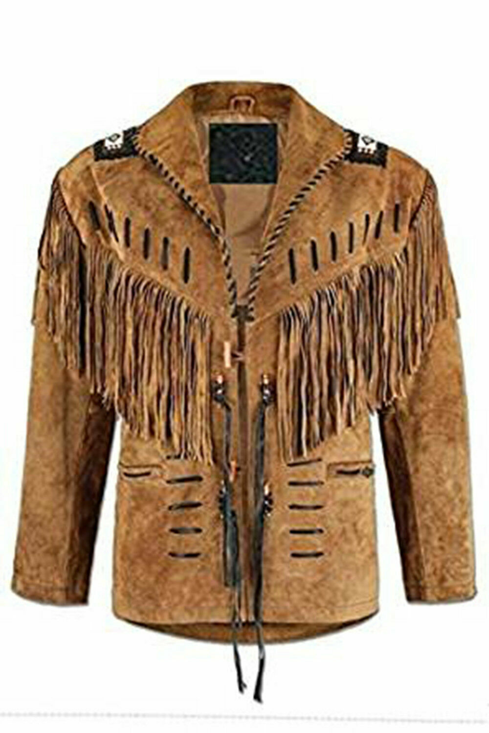 Men's Brown Color Suede Leather Western Style Bone Beaded Patches Fringed Jacket
