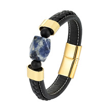Fashion Rhombus Natural Blue Stone Semi-precious Stone Men&#39;s Bracelet 316L Stain - £11.61 GBP