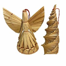 2 Scandinavian Straw Christmas Holiday Ornament with Red Stitching Angel Tree 5&quot; - £11.14 GBP