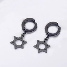 Black Jewish Star of David Drop Dangle Hoop Earrings Men Stainless Steel Jewelry - £7.93 GBP