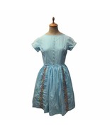 Vintage Home Sewn 1960s Mad Men Fit &#39;N Flare Day Dress Blue Cotton Embro... - £18.49 GBP