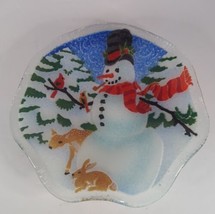 Peggy Karr Fused Glass Snowman Bowl Signed 8” Ruffled Edge Deer Cardinals - £16.01 GBP