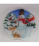 Peggy Karr Fused Glass Snowman Bowl Signed 8” Ruffled Edge Deer Cardinals - $373.45 MXN