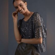 ANTHROPOLOGIE MAEVE Sequined Blouse Top, Dark Gray, Size Small, NWOT - €59,65 EUR