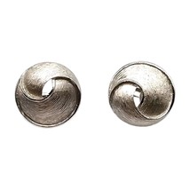 Signed Crown Trifari Earrings Swirl Design Clip-On Textured Silver Tone Vintage - $11.88