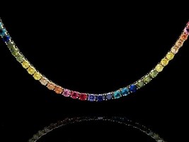 14K White Gold Plated 28Ct Lab Created 4MM Rainbow Gemstone 18&quot; Tennis Necklace - £336.32 GBP