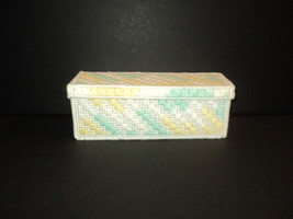 Handmade Trinket Box Needlepoint White, Yellow, Mint Green 9 1/4 x 3 1/4 Vintage - £23.28 GBP
