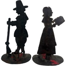 Vintage Iron Amish Colonial Man With Gun Woman Bonnet Figural Candle Hol... - $37.40