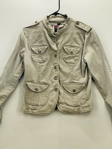 Live a Little Womens Denim Jean Jacket Sz M Button Down Pockets Coat Beige - £17.13 GBP