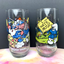 Lot of 2 - 1983 Smurfs Collectible Glasses Clumsy Grouchy Smurf Glass Hardees - £10.17 GBP