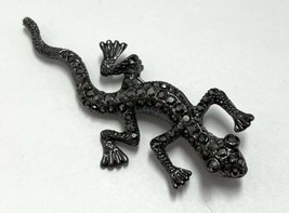 Retro Gecko Lizard Gunmetal Tone Gray Rhinestone Pin Brooch 3” - £7.88 GBP