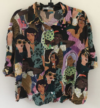 Pull &amp; Bear Global Hippy Print Cropped Women Button Up Blouse Top Shirt ... - $39.99