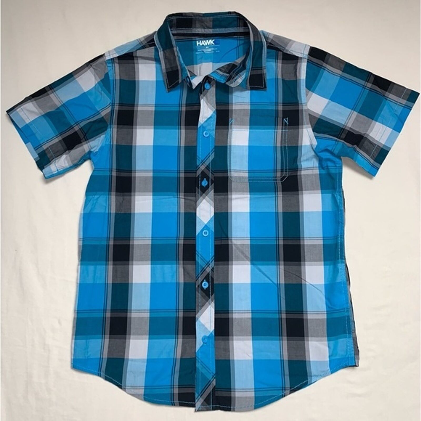 Tony Hawk Boy’s XL Blue White Plaid Short Sleeve Button Down Dress Shirt Skater - $23.76